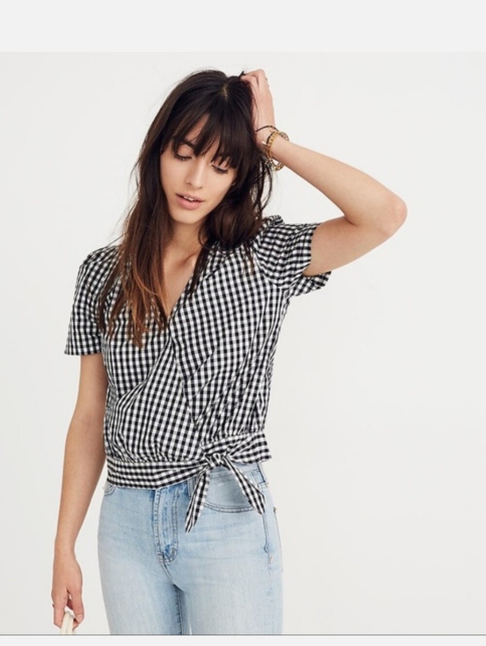 Madewell Black & White Gingham Wrap Tie Short Sleeve Top